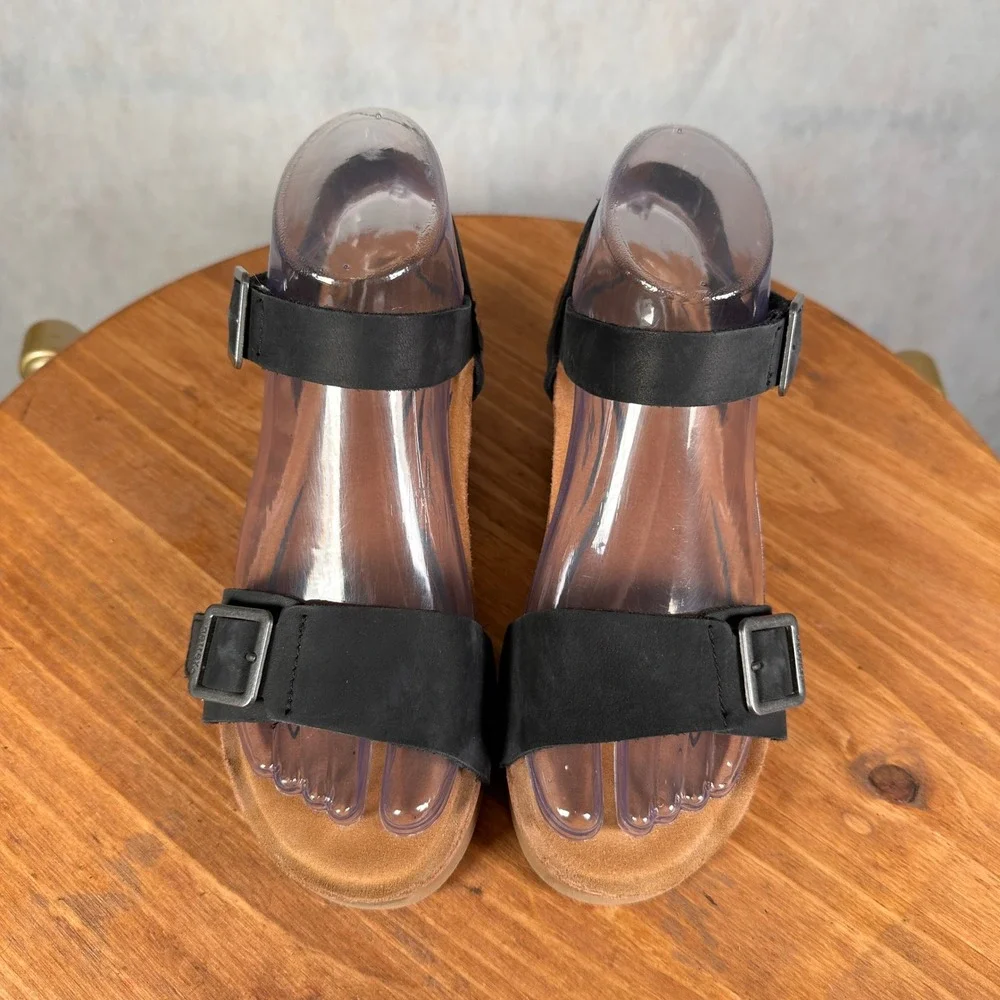 Aetrex Lexa Wedge Sandals Womens 36 Black Good Leather Orthotic Comfort